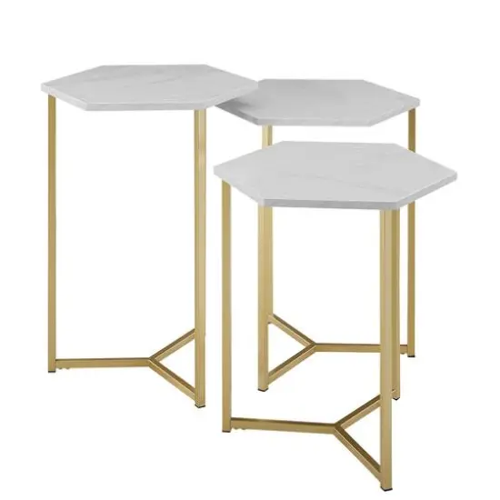 Walker Edison Faux White Marble/Gold Hexagon Modern Nesting Tables Set {1}