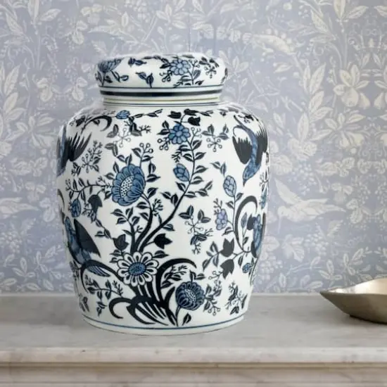 Hello Honey&reg; 8" Blue & White Decorative Bird Ceramic Ginger Jar with Lid {3}