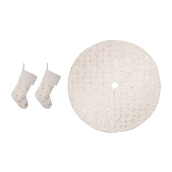 Glitzhome&reg; White Plush Snowflake Stockings & Tree Skirt Set {1}