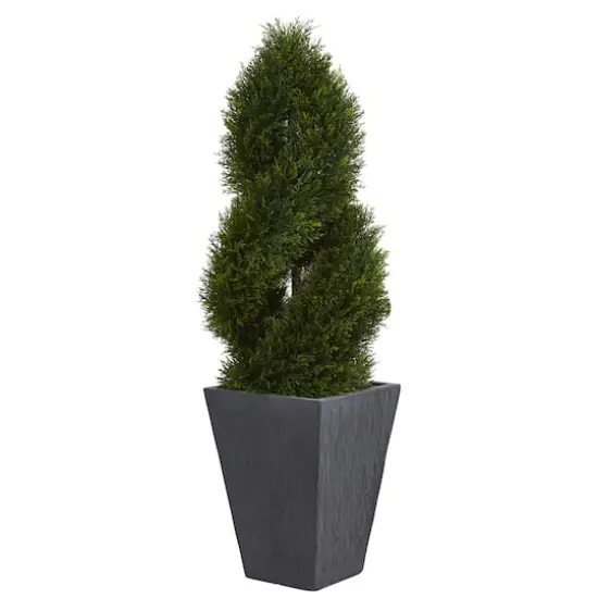 4ft. UV Resistant Cypress Double Spiral Topiary Artificial Tree in Slate Planter {1}