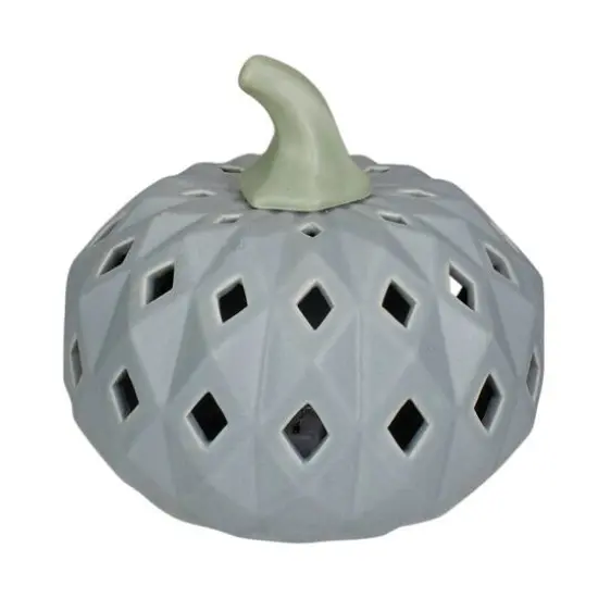 5" Gray & Green Lighted Fall Harvest Ceramic Pumpkin {1}