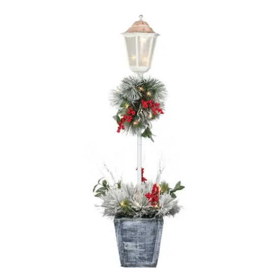 4ft. Pre-Lit Flocked Artificial Pine Lamp Post, Warm White LED Lights {1}