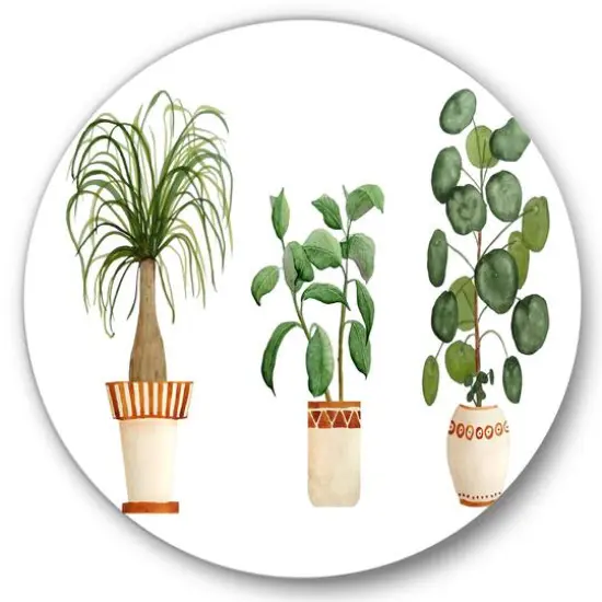 Designart - Trio of House Plants Ponytail Palm and Ficus - Traditional Metal Circle Wall Art {1}