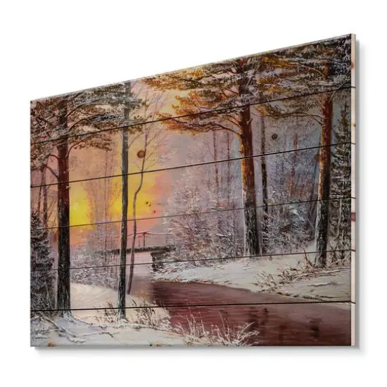 Designart Christmas Forest with River & Trees IV Print on Natural Pine Wood {2}