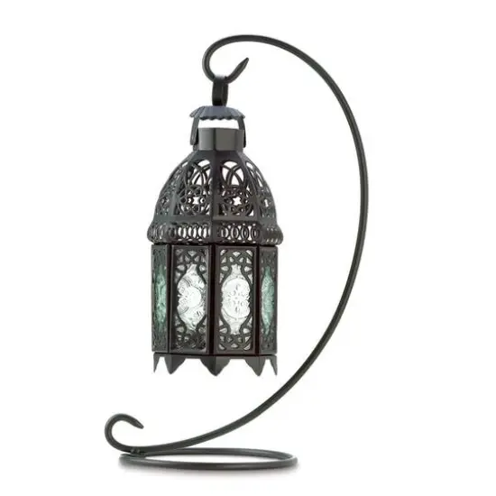 13" Curled Metal Stand with Black Moroccan Candle Lantern {1}