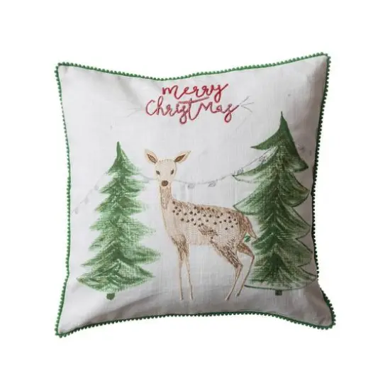 Hello Honey&reg; 18" Embroidered Merry Christmas Deer Cotton Slub Throw Pillow with Pom Pom Trim {1}