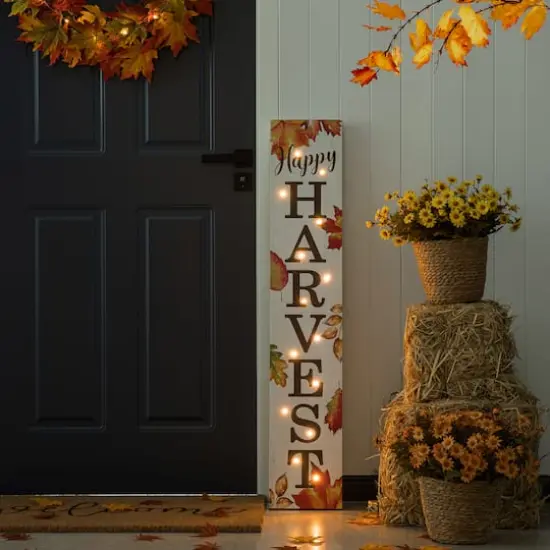 Glitzhome&reg; 42" Fall Lighted Maple Leaves Wooden Porch Sign with Timer {11}