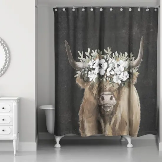 Highland Cow Portrait with Flower Crown 71" x 74" Shower Curtain {1}