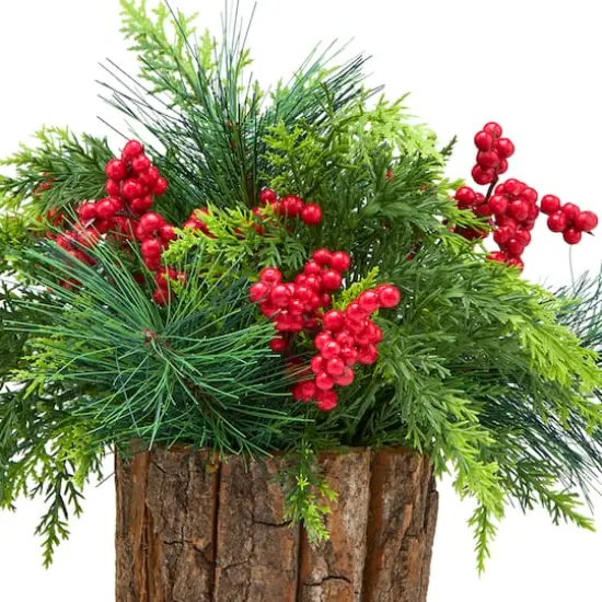 11" Christmas Classic Cypress & Berry Centerpiece in Wood Slice Planter {4}