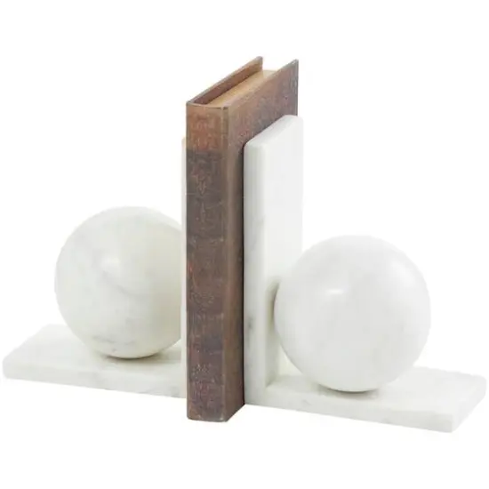 7" White Marble Sleek Orb Geometric Bookends with L-Shaped Bases Set {6}