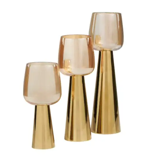 Contemporary Stainless Steel & Glass Candle Holder Set Gold {5}
