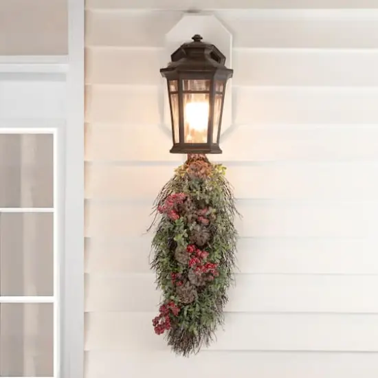 28" Unlit Glittered Boxwood, Pine Cones & Red Berry Teardrop Swag {4}