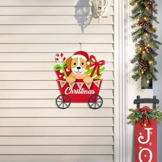 Glitzhome&reg; 24" Metal Christmas Dog and Gift Cart Yard Stake {3}
