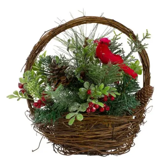 12" Red Cardinal with Foliage in Twig Basket Decoration {5}