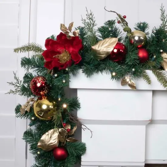 9 ft. Pre-Lit LED Golden Leaf Red Magnolia Artificial Christmas Garland {8}