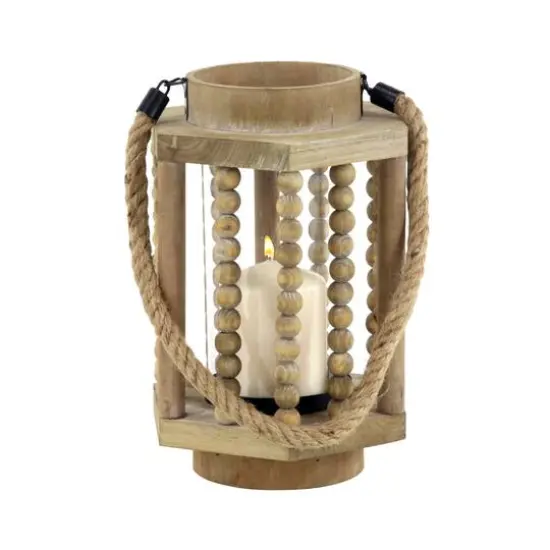 11" Light Brown Recycled Wood Candle Holder Lantern {1}