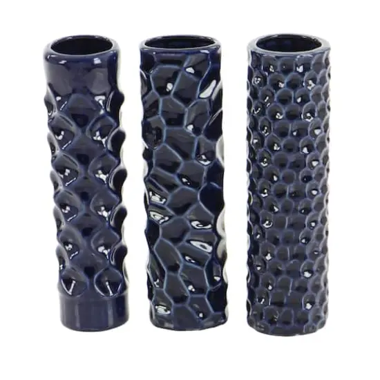 12" Dark Blue Stoneware Contemporary Vase Set {3}