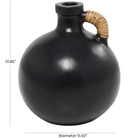11" Black Ceramic Jug Inspired Vase with Rattan Wrapped Handle {5}
