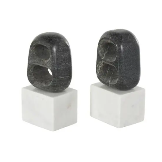 8.25" White & Black Marble Geometric Cutout Oval Bookend Set with Block Base {7}