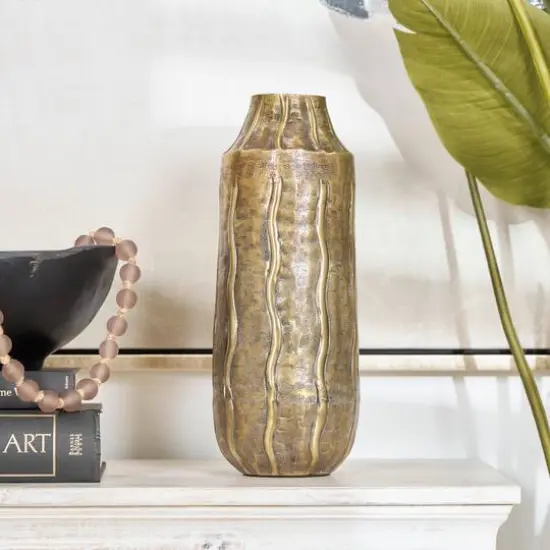 14" Brass Metal Snakeskin Inspired Vase with Dimensional Wavy Accents {10}