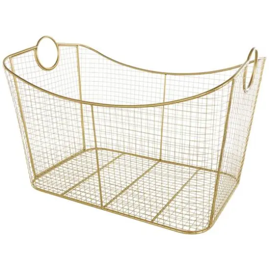30.25" Gold Metal Geometric Wire Grid Basket with Curved Sides & Ring Handles {1}
