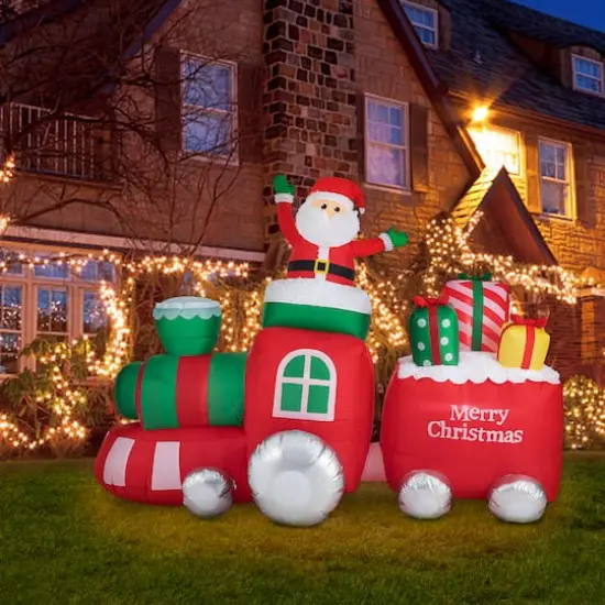 Glitzhome® 8ft. Lighted Inflatable Santa On Pick-Up Train Décor {3}