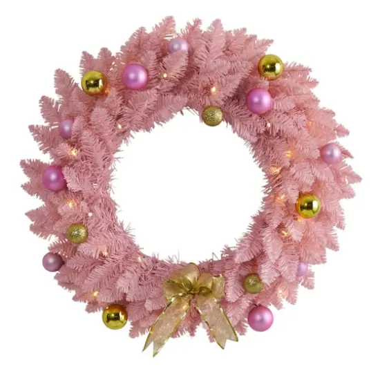 24" LED Pink Artificial Christmas Wreath with Ornaments {1}