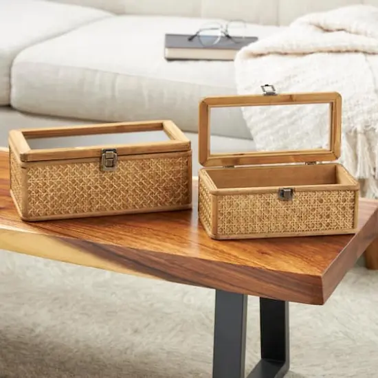 Brown Handmade Woven Rattan Box with Glass Top Set {3}