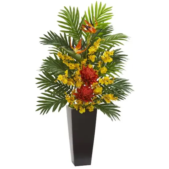 2.9ft. Tropical Floral & Orchid Arrangement in Black Vase {1}