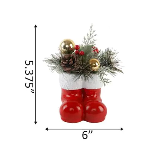 6" Christmas Arrangement In Cement Santa Boots {3}