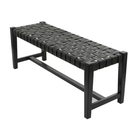 47" Black Leather Handmade Woven Seat Bench {3}
