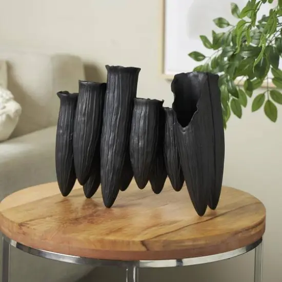 13.25" Black Ceramic Abstract Floral Inspired Decorative Vase with Linear Grooves & 10 Openings {9}