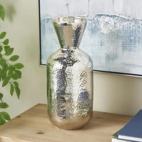 14" Silver Hammered Aluminum Vase with Cone Shaped Opening {3}