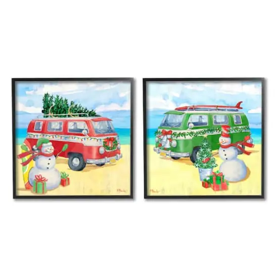 Stupell Industries Coastal Christmas Holiday Beach Snowmen 2 Piece Framed Giclee Art Set Black {1}