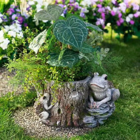9" Frogs on Tree Stump Outdoor Garden Planter {3}
