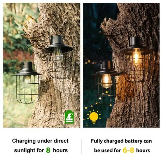 Glitzhome® 9.75" Black Metal Wire Solar Powered Hanging Lantern, 2ct. {7}