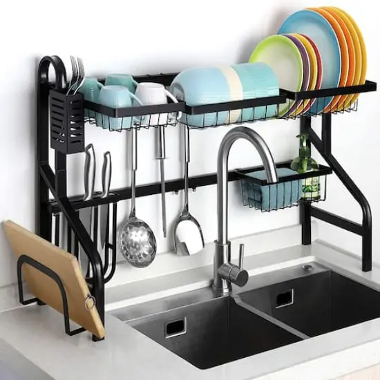 NEX&trade; Black 2-Tier Over the Sink Dish Rack with 5 Utility Hooks {6}