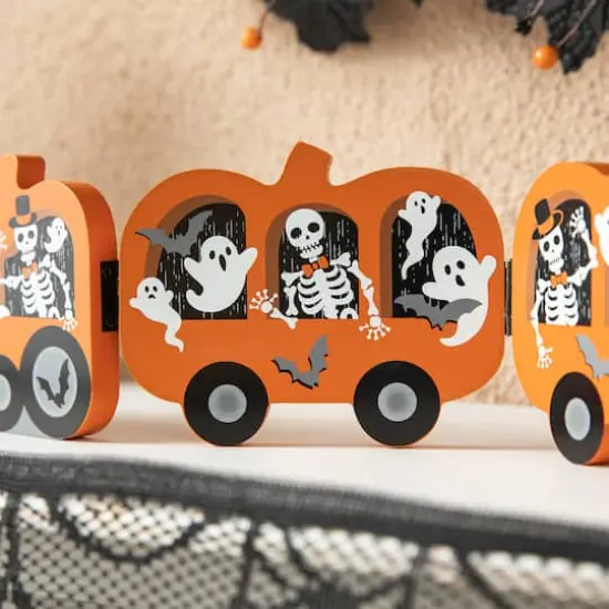 Glitzhome&reg; 16" Halloween Skeletons & Ghosts Hinged Pumpkin Train D&eacute;cor {5}