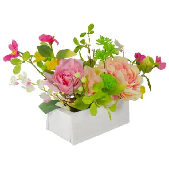 14'' Pink and Yellow Artificial Roses and Peony FloralArrangement in Planter {4}