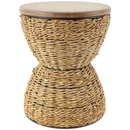 19" Rattan Woven Stool with Wood Tabletop and Black Frame Medium Brown {2}