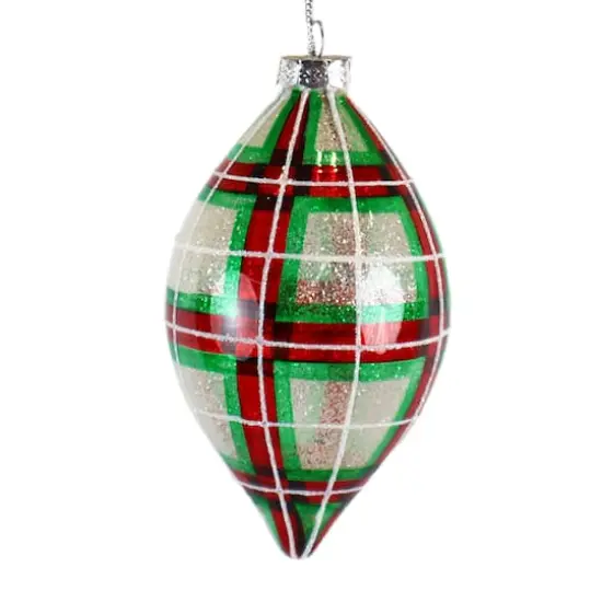 5.75" Red & Green Glitter Plaid Glass Teardrop Ornament by Ashland&reg; {1}