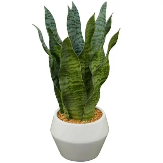 15" Green Snake Faux Foliage Artificial Plant with White Porcelain Pot {1}