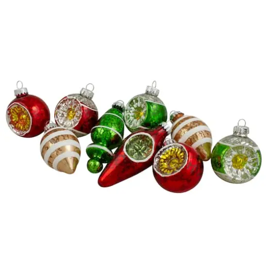 9ct. 2-Finish Silver & Red Glass Retro Reflector Ornaments {1}