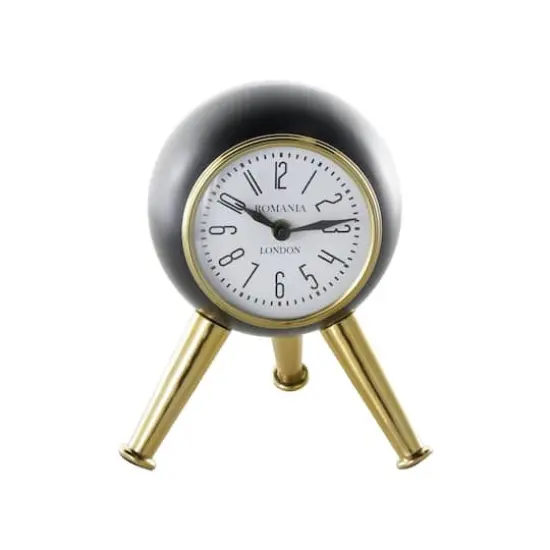 8.5" Black Aluminum Metal Orb Decorative Clock with White Clockface & Gold Tripod Legs {3}