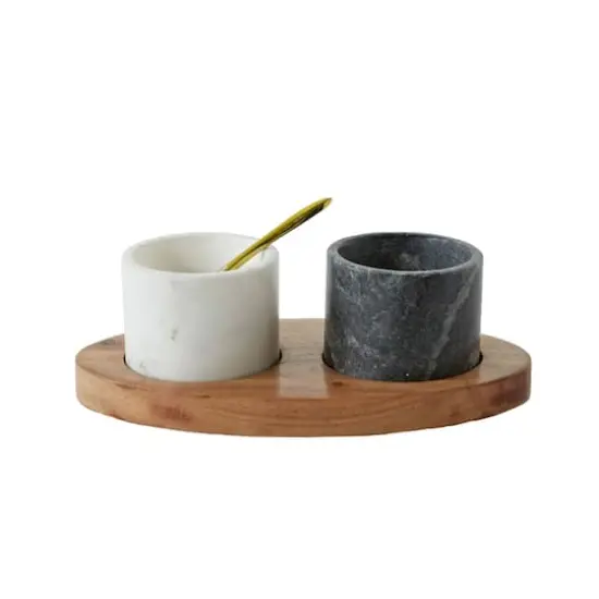 Hello Honey&reg; Marble Salt & Pepper Bowls on Mango Wood Tray Set {1}