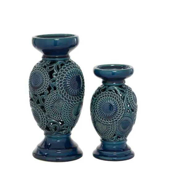 Blue Ceramic Eclectic Candle Holder Set {3}