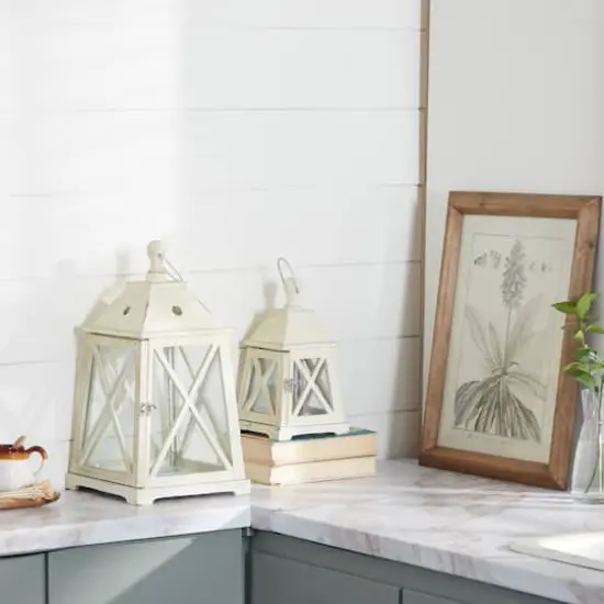 Set of 2" White Wood Coastal Lantern, 19", 12" {10}