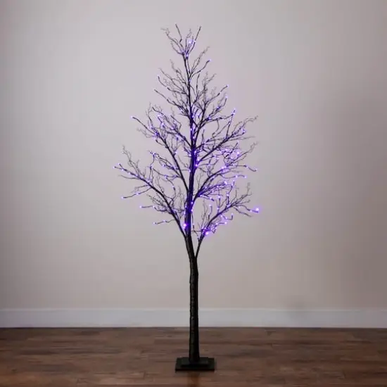 7ft. Pre-Lit Halloween Deluxe Black Twig Artificial Tree with 180 Orange & Purple LED Lights {10}