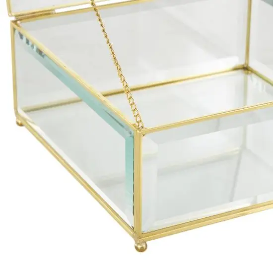 Clear & Gold Beveled Glass & Metal Square Footed Jewelry Box with Chain Accent Set {6}