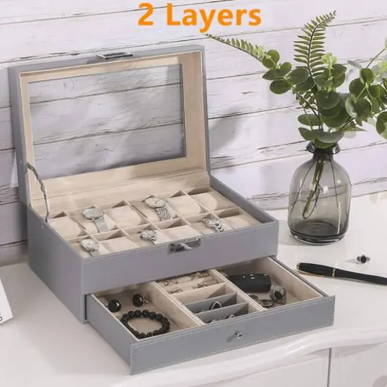 NEX&trade; Gray Double Layer Leather Watch Box with Glass Top {7}